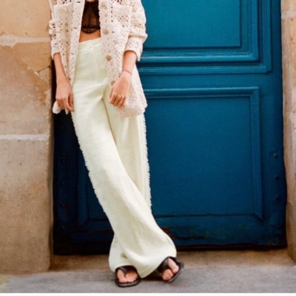 Zara NWT textured wide leg ivory fringed pants 8058/157